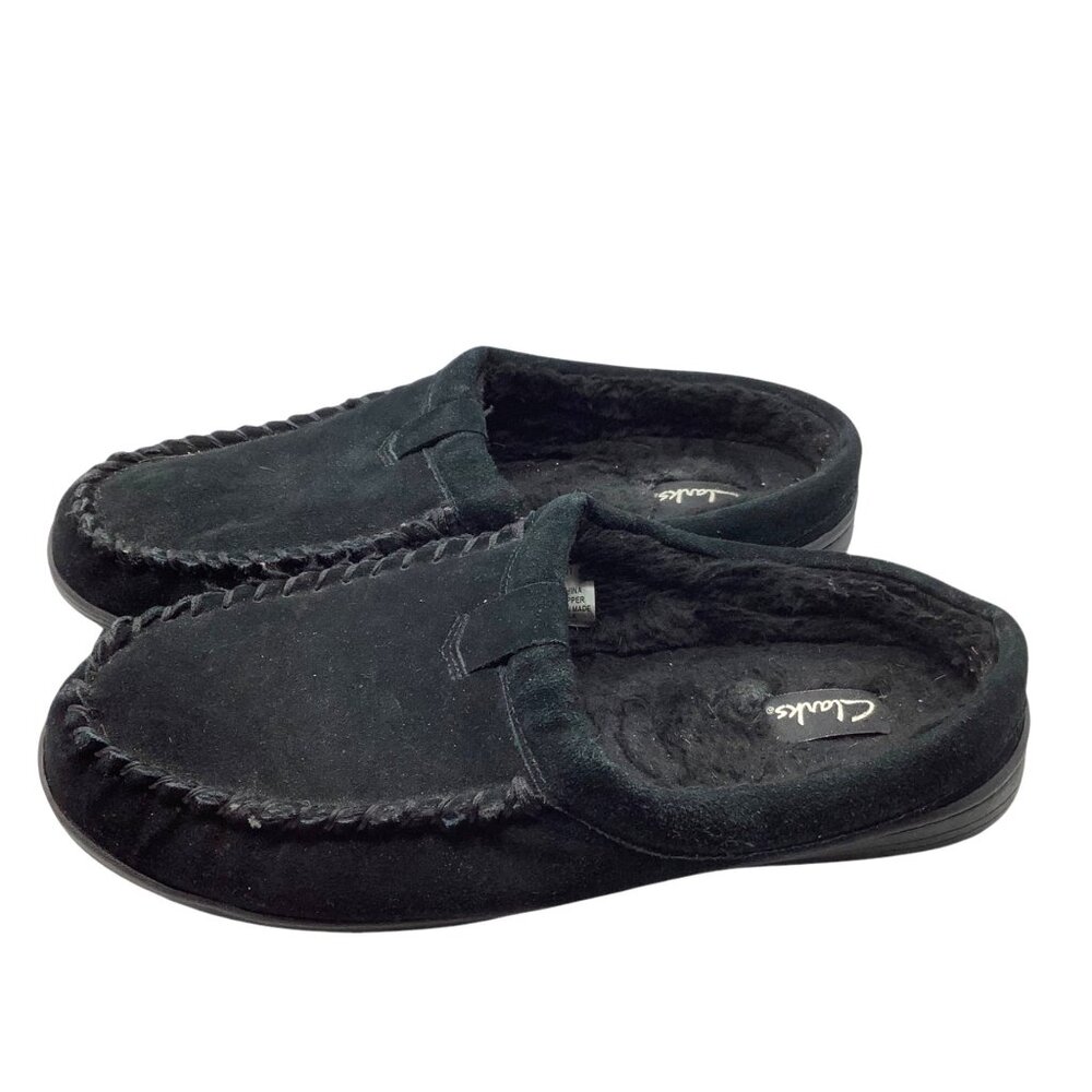 Clark's Black Suede Venetian Slippers Men Size 12‎ Faux Fur Lining